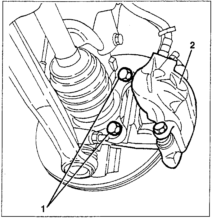 Front brake disk removal diagram showing brake caliper, pin, and screw locations