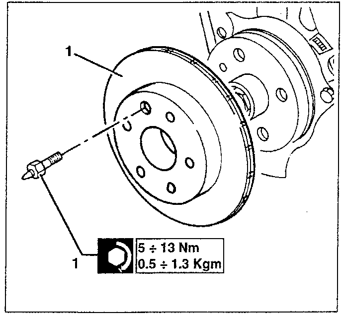 Front brake disk with fastening pin, showing torque specification