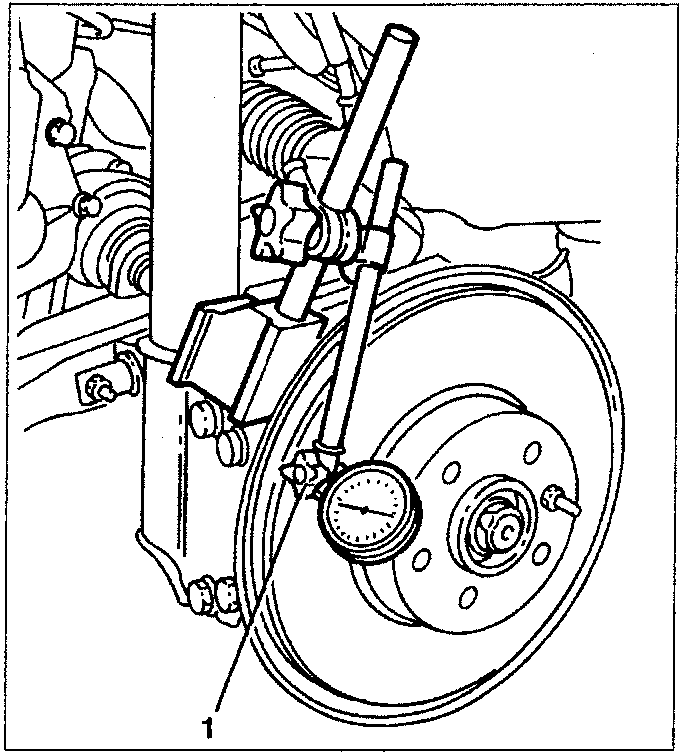 Front brake caliper with dial gauge measuring disk oscillation