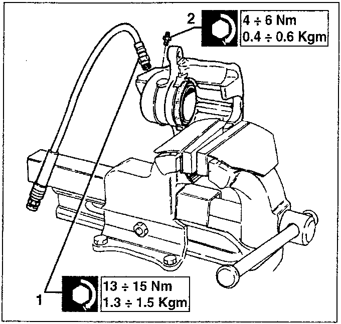 Caliper with hose fitting and bleed screw, showing torque values 4÷6 Nm / 0.4÷0.6 Kgm for bleed screw and 13÷15 Nm / 1.3÷1.5 Kgm for hose fitting