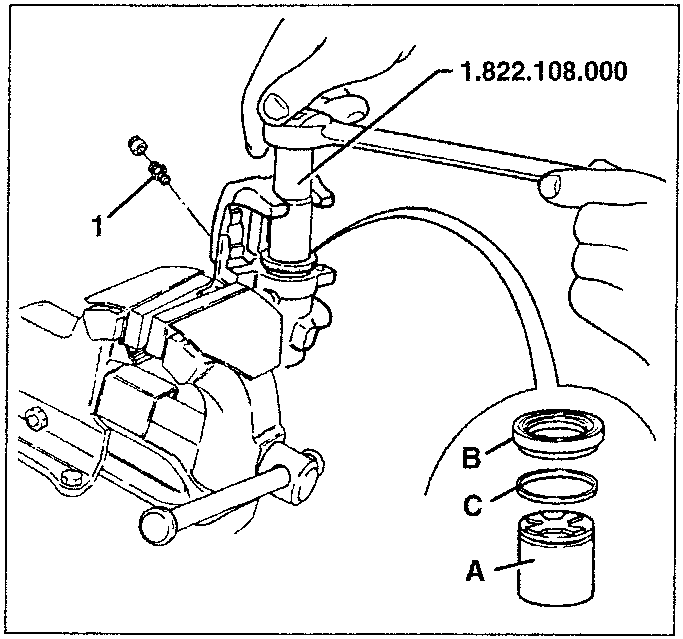 Diagram showing removal of brake components with tool 1.822.108.000