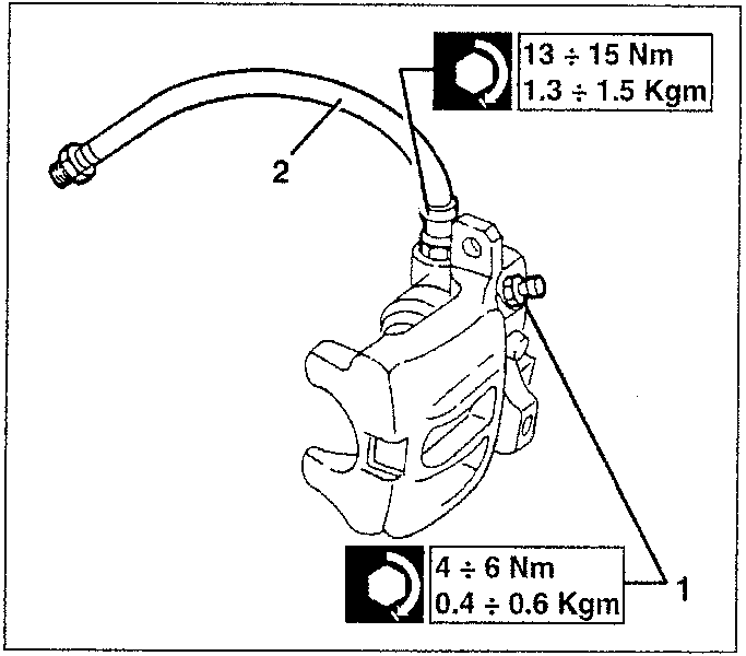 Diagram showing torque specifications for hose assembly and caliper mounting