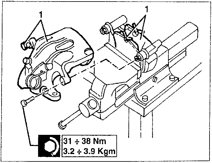 Diagram showing brake pad installation with torque specifications