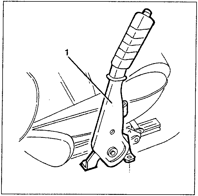 Diagram showing the parking brake control lever with part labeled 1