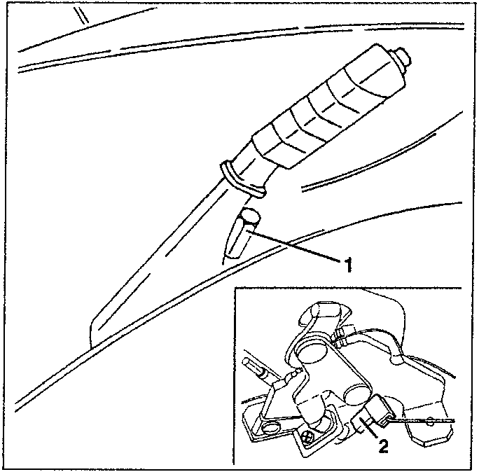 Diagram showing the parking brake control lever with parts labeled 1 and 2