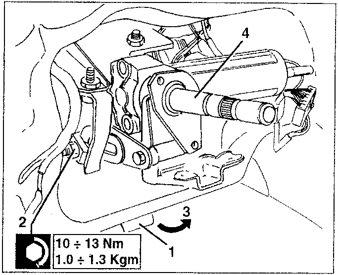 Steering control removal diagram showing components 1, 2, 3, and 4 with torque values 10÷13 Nm / 1.0÷1.3 Kgm