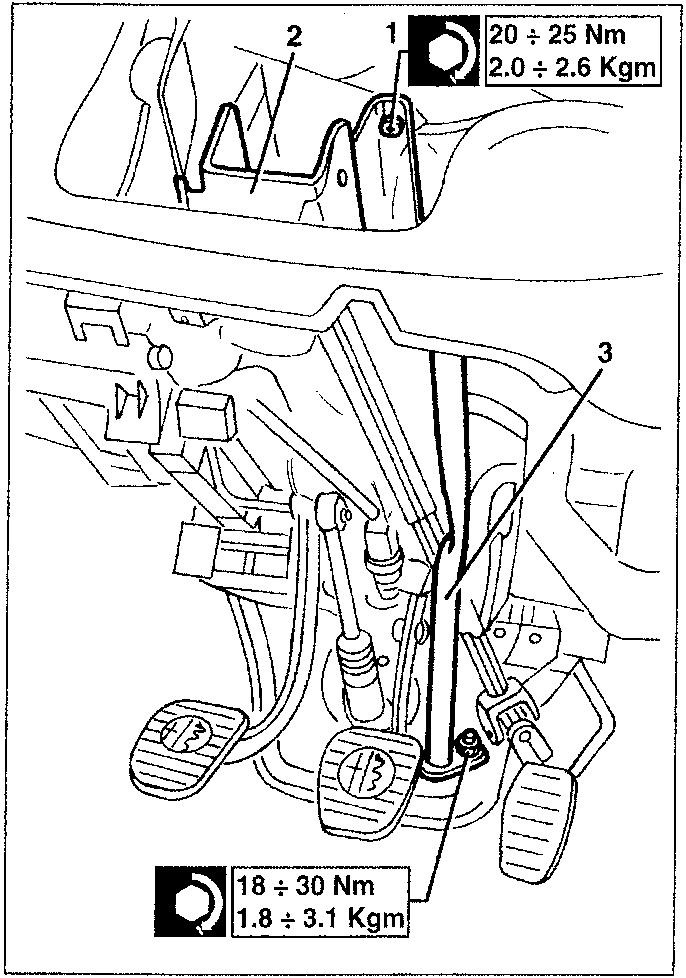 Steering column support removal diagram showing bolts 1 and 2, and reaction rod 3 with torque values 20÷25 Nm / 2.0÷2.6 Kgm and 18÷30 Nm / 1.8÷3.1 Kgm