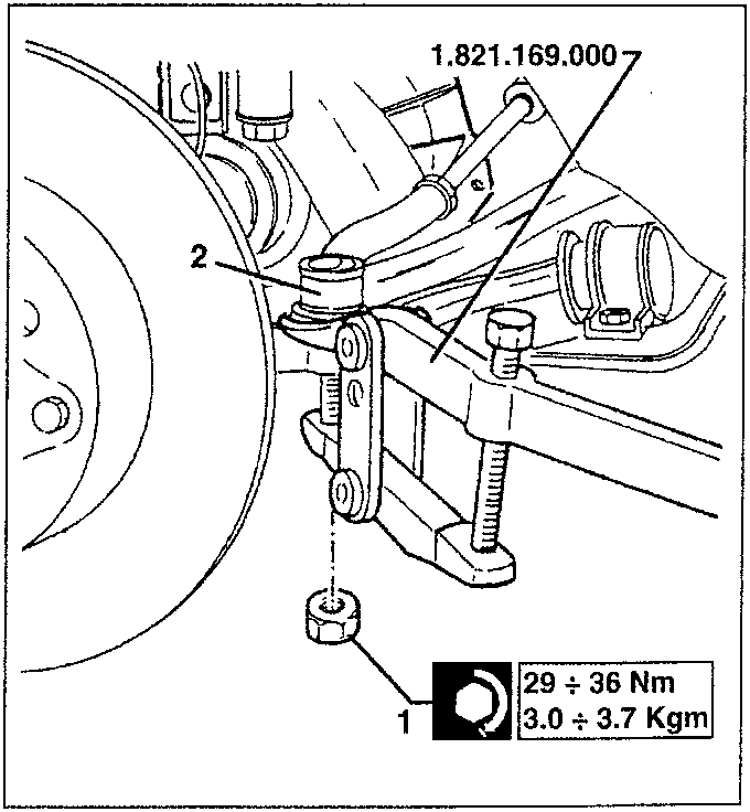 Track rod joint disconnection with tool 1.821.169.000 and torque specification