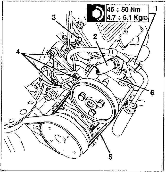 Diagram showing power steering pump components 1, 2, 3, 4, 5, and 6