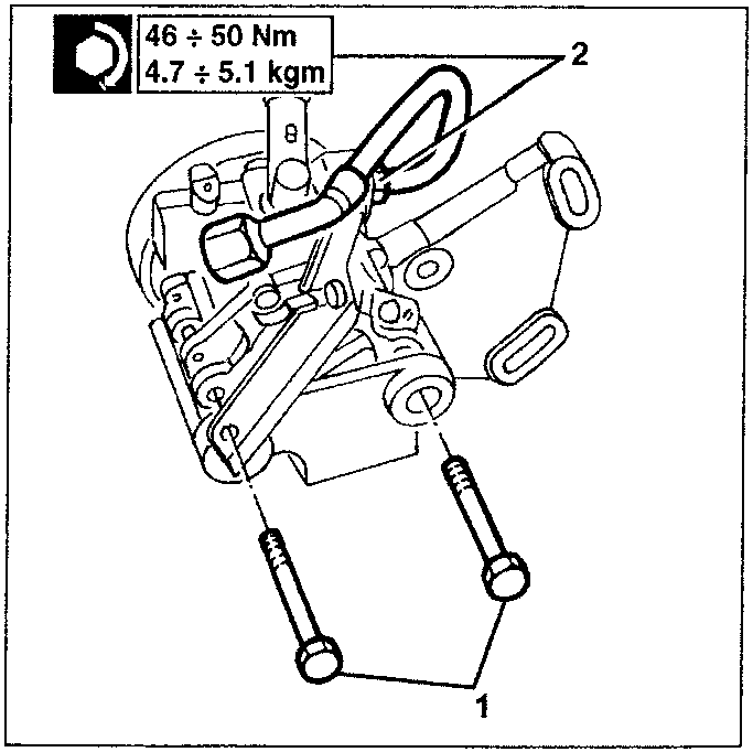 Diagram showing power steering pump components 1 and 2
