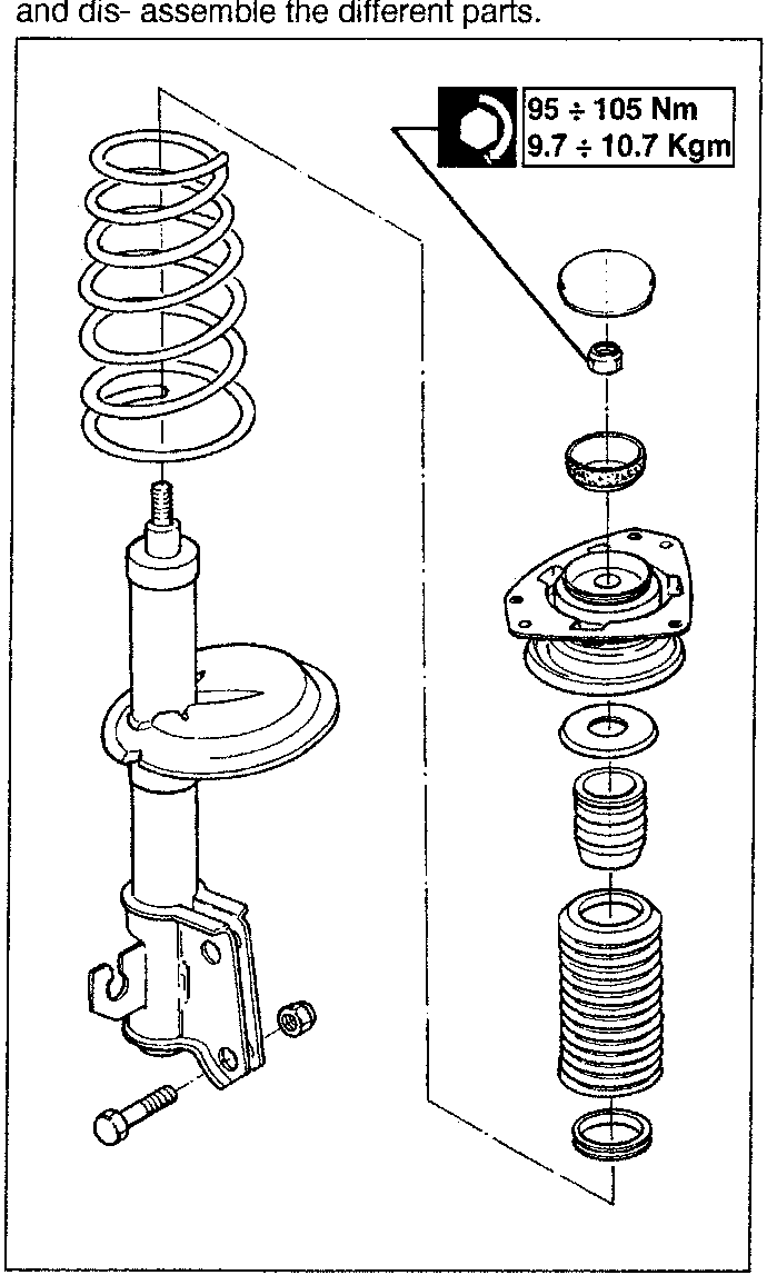 Disassembled spring-shock absorber assembly with torque specification