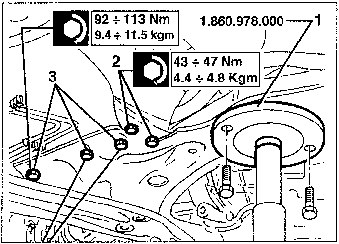 Diagram showing installation of tool 1.860.978.000 on hydraulic jack with torque specifications 92 ÷ 113 Nm, 9.4 ÷ 11.5 Kgm and 43 ÷ 47 Nm, 4.4 ÷ 4.8 Kgm