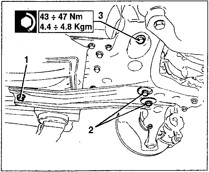 Diagram showing removal of rear engine mount with torque specification 43 ÷ 47 Nm, 4.4 ÷ 4.8 Kgm
