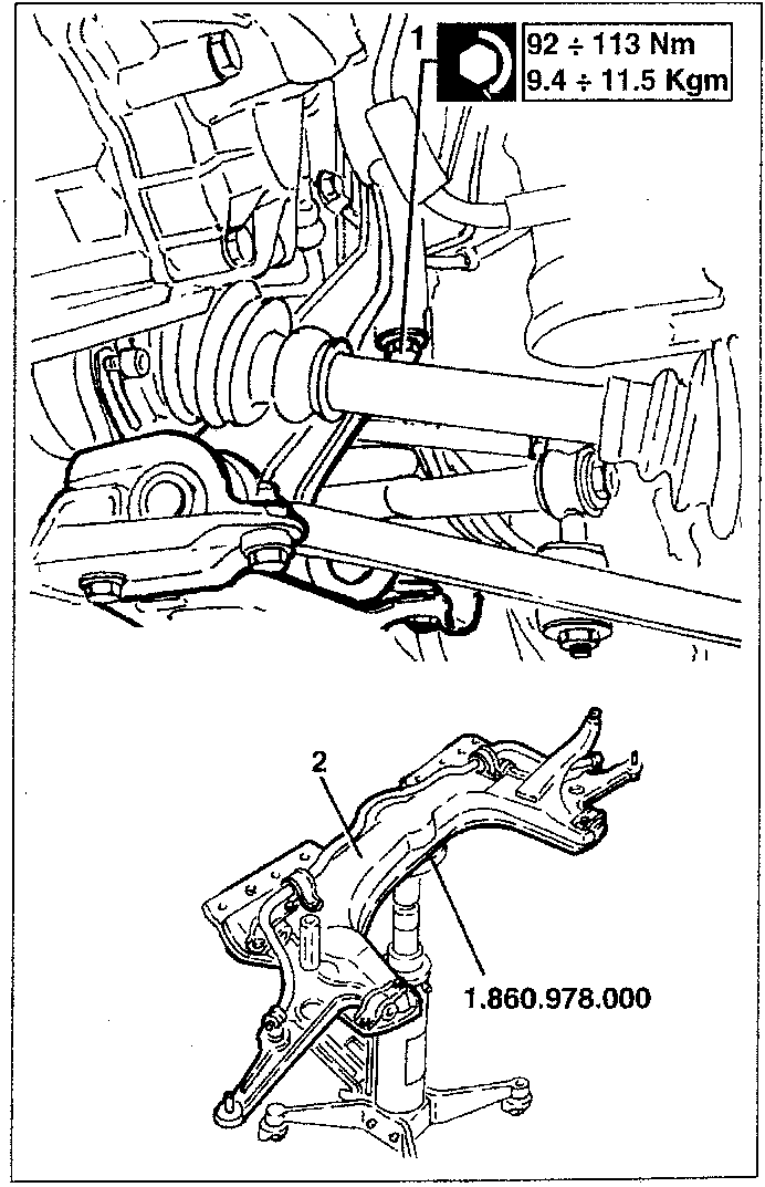 Diagram showing removal of crossmember with torque specification 92 ÷ 113 Nm, 9.4 ÷ 11.5 Kgm