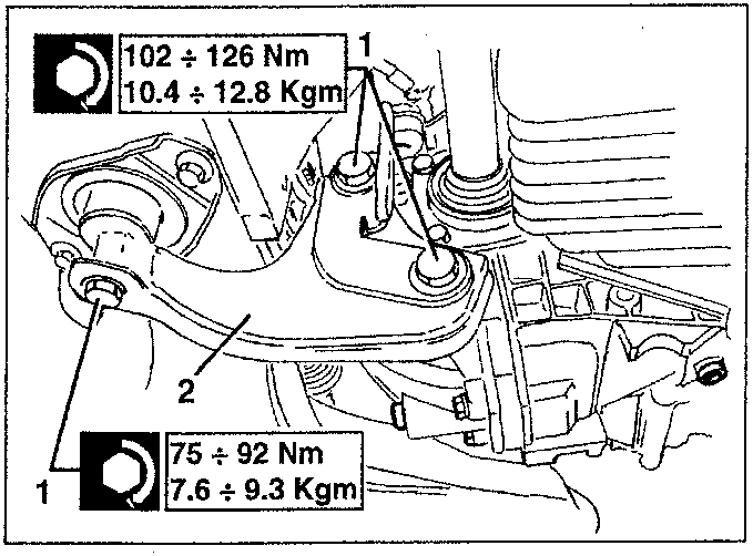 Diagram showing removal of rear engine mount with torque specifications 102 ÷ 126 Nm, 10.4 ÷ 12.8 Kgm and 75 ÷ 92 Nm, 7.6 ÷ 9.3 Kgm