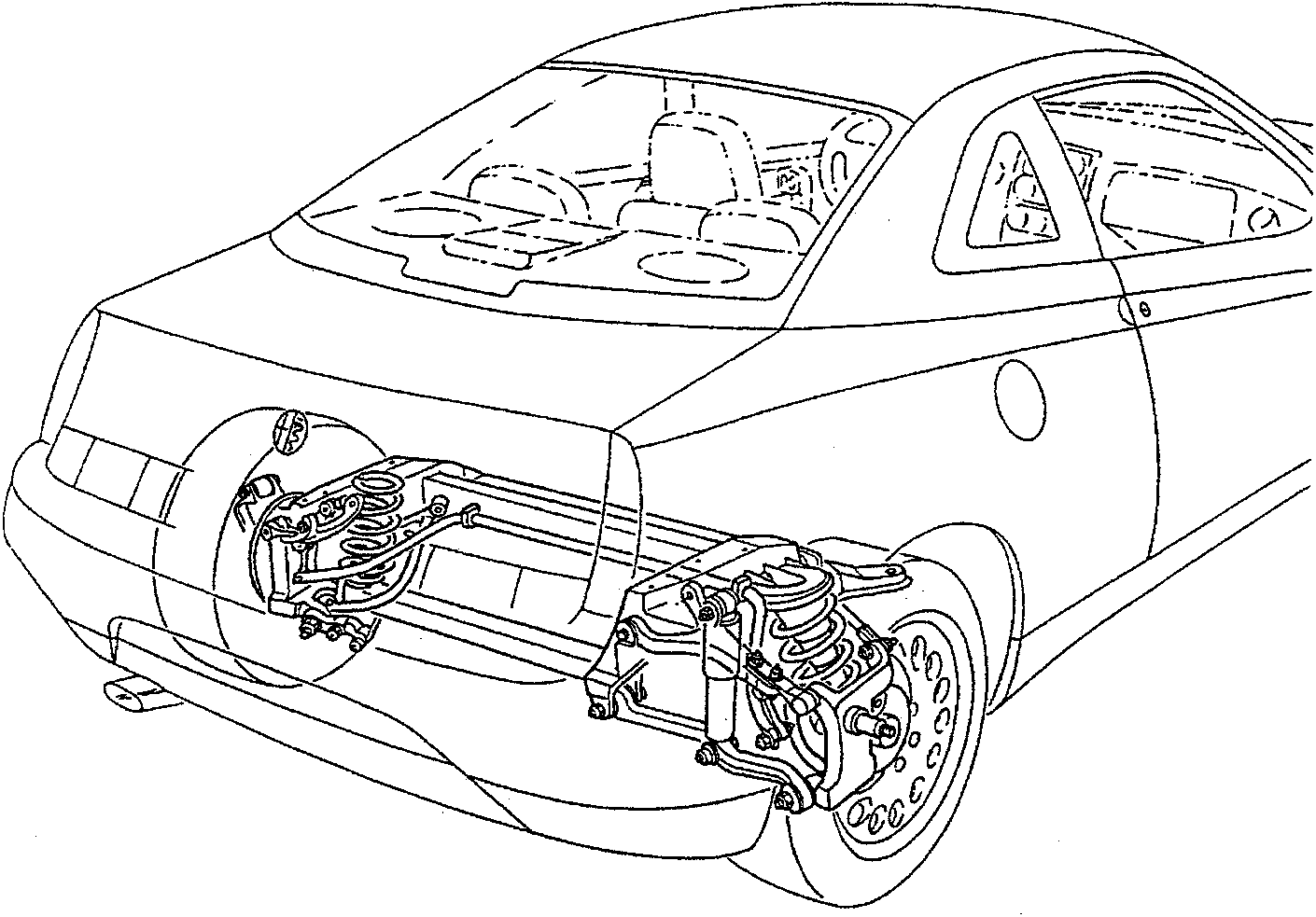 Rear view of a car showing the rear suspension system with exposed components including control arms, shock absorbers, and wheel assembly.