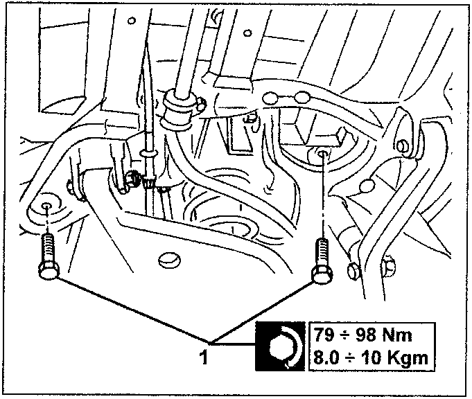 Diagram showing suspension frame bolts being loosened with torque specification.