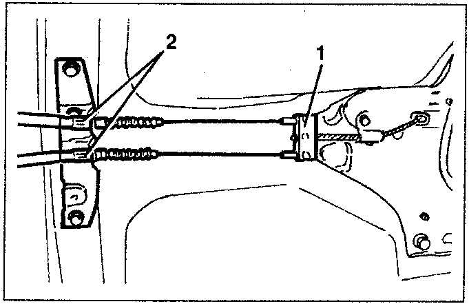 Diagram showing handbrake cables and their clamps.