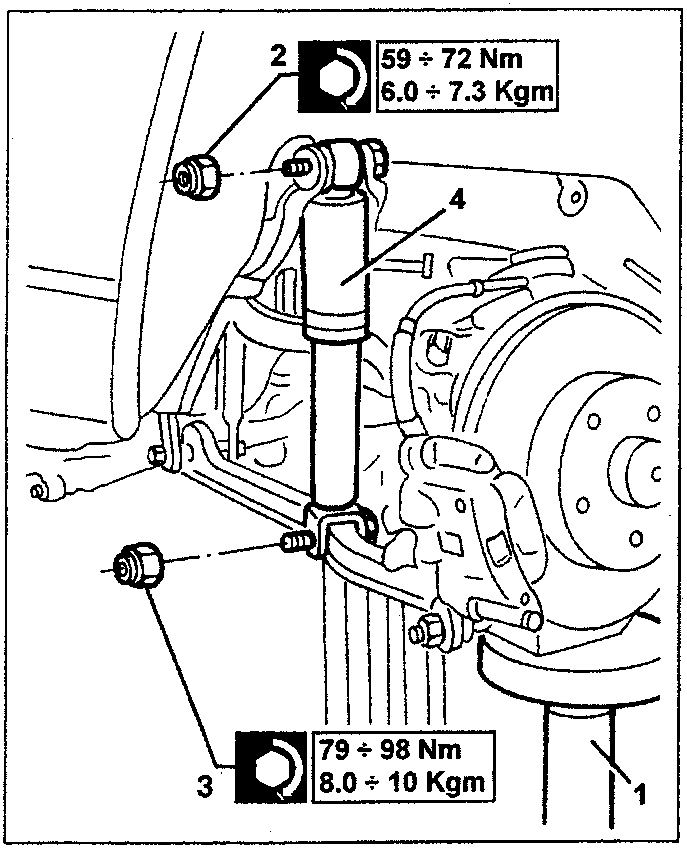 Shock absorber with torque values 59÷72 Nm and 79÷98 Nm indicated