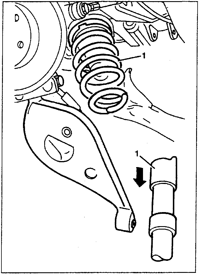 Diagram showing a coil spring being removed from its mount, with part 1 labeled on the spring and an arrow indicating downward motion.