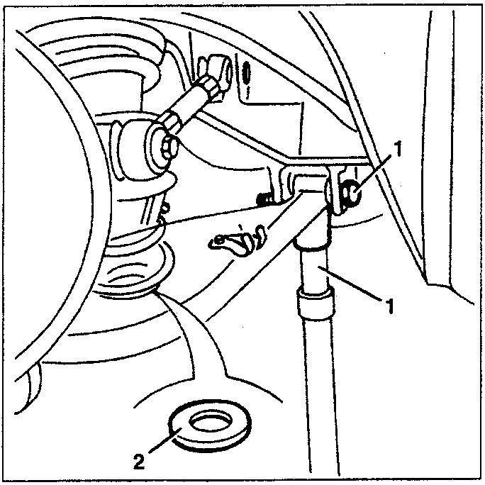 Diagram showing a hydraulic jack under the spring carrier arm with part 1 labeled on the jack support and part 2 labeled on the lower spring rebound buffer.