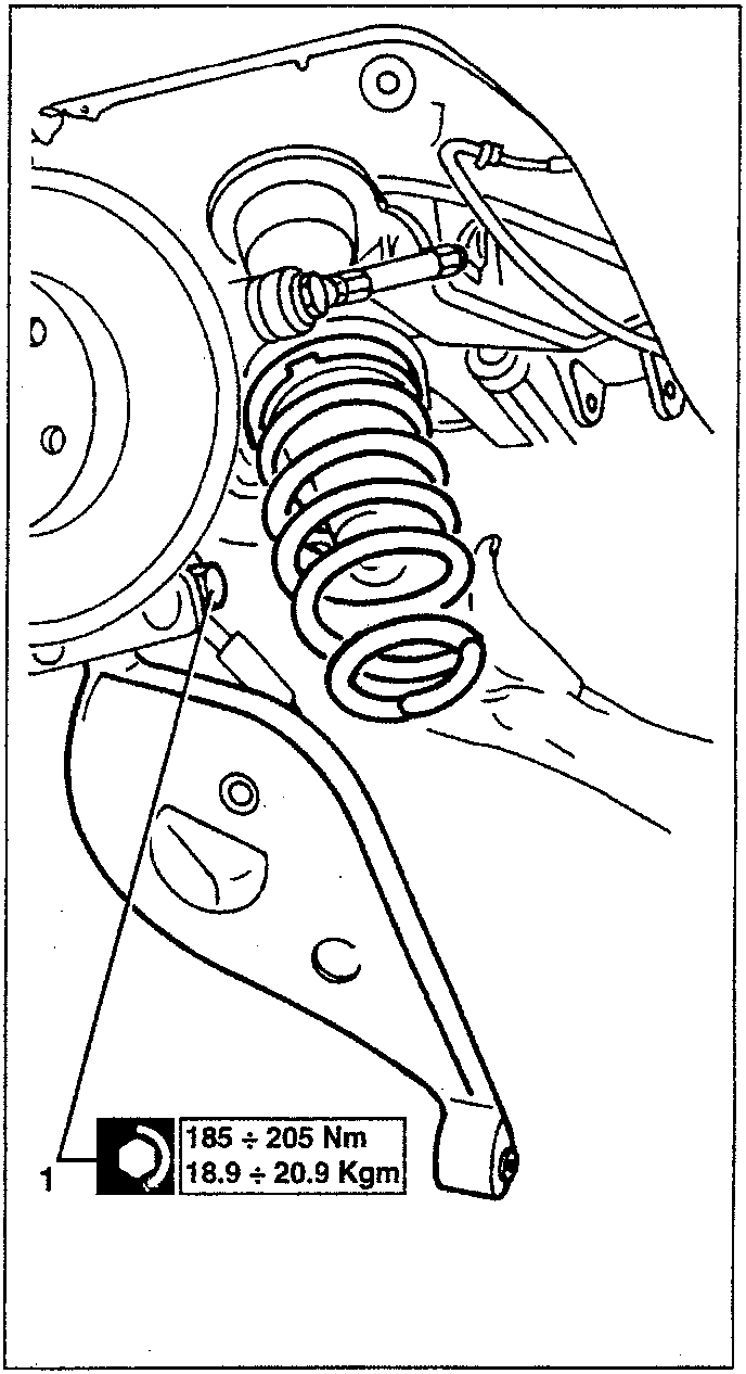Diagram showing spring carrier arm removal with torque value: 185 ÷ 205 Nm, 18.9 ÷ 20.9 Kgm