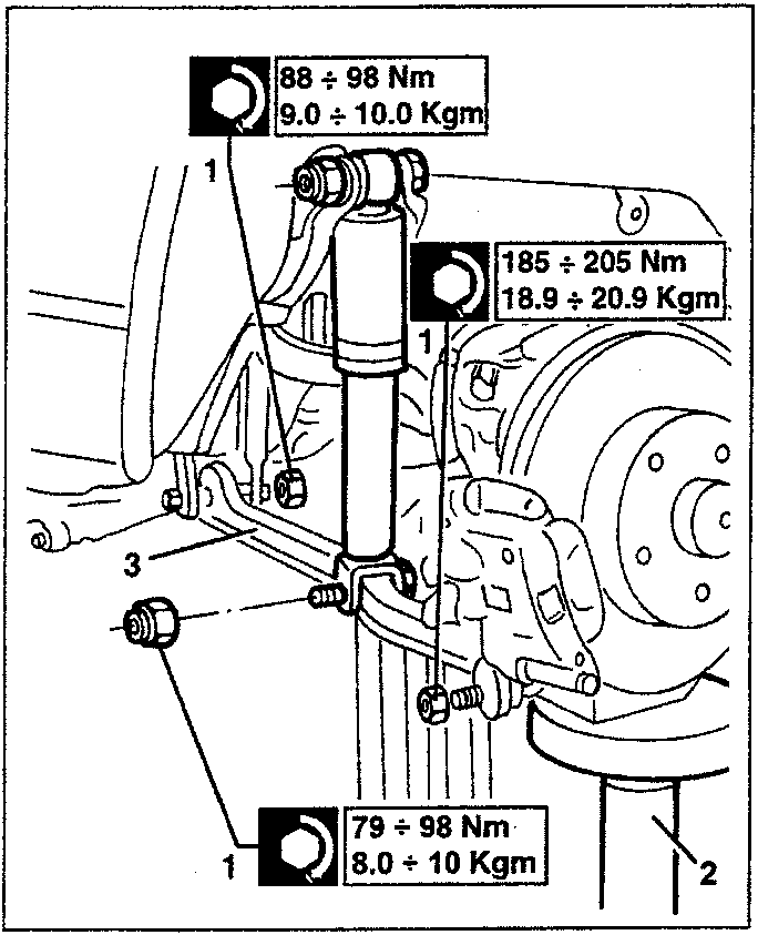 Diagram showing shock absorber carrier arm removal with torque values: 88 ÷ 98 Nm, 9.0 ÷ 10.0 Kgm; 185 ÷ 205 Nm, 18.9 ÷ 20.9 Kgm; and 79 ÷ 98 Nm, 8.0 ÷ 10 Kgm