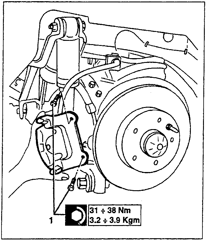 Diagram showing brake caliper, hub cover plate, brake disk, and fastening pin.