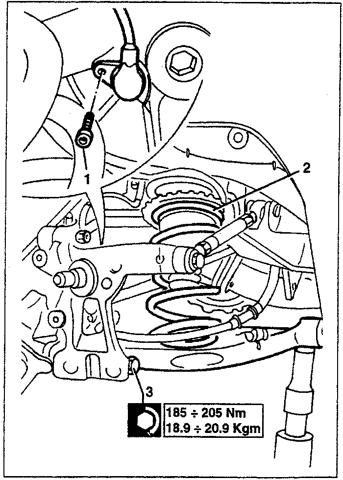 Diagram showing spring, spring carrier arm, and lower fastening bolt with torque specification box.