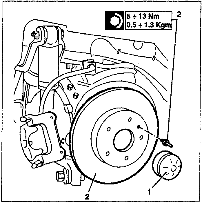 Diagram showing brake caliper, brake disk, and hub cover plate with torque specification box.