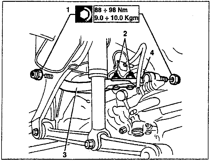 Diagram showing fork removal with torque values: 88 ÷ 98 Nm / 9.0 ÷ 10.0 Kgm for part 1, and 23 ÷ 28 Nm / 2.4 ÷ 2.9 Kgm for part 2, and 15 ÷ 21 Nm / 1.5 ÷ 2.1 Kgm for part 3.