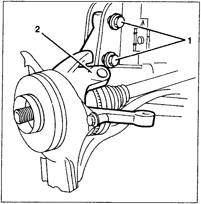 Diagram showing the front wheel upright with two bolts labeled 1 and 2, indicating where to slacken them for removal.
