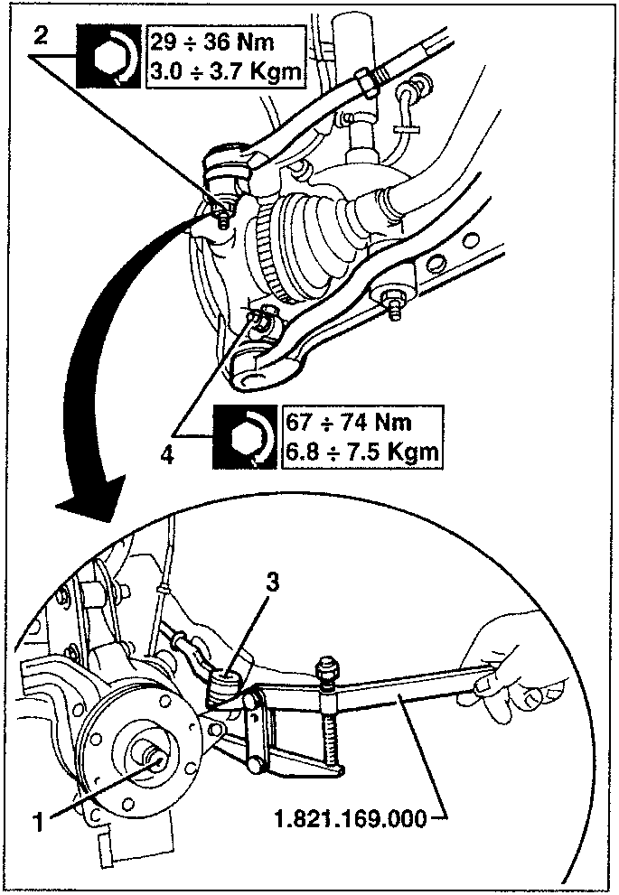 Diagram showing torque specifications for front wheel upright removal: 29÷36 Nm (3.0÷3.7 Kgm) and 67÷74 Nm (6.8÷7.5 Kgm), with tool number 1.821.169.000 indicated.