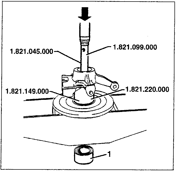 Outer bearing ring being removed from the upright using support tools 1.821.149.000, 1.821.220.000 and puller tool 1.821.099.000