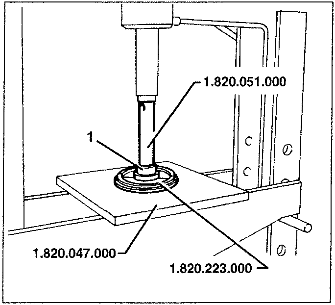 Diagram showing press setup with tools 1.820.047.000, 1.820.223.000, and 1.821.051.000