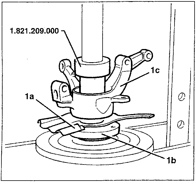 Diagram showing brake disk protection (1a) on wheel hub (1b), with installing tool 1.821.209.000 and wheel upright (1c).