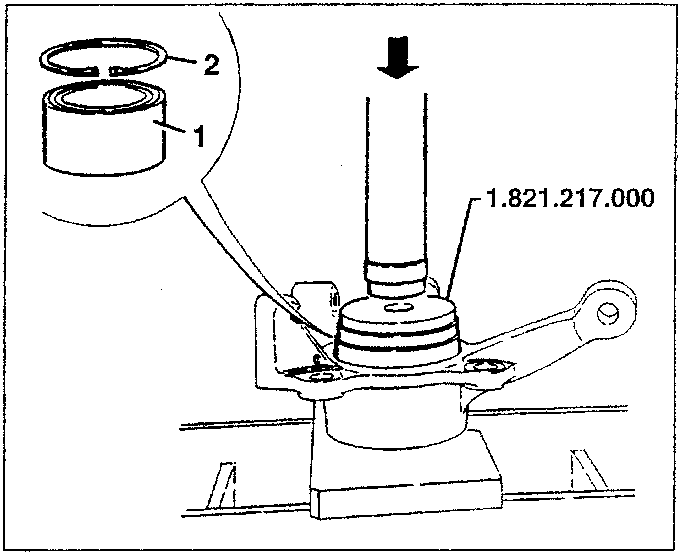 Diagram showing a bearing (1) with retainer ring (2) being inserted into a wheel upright using installing tool 1.821.217.000.
