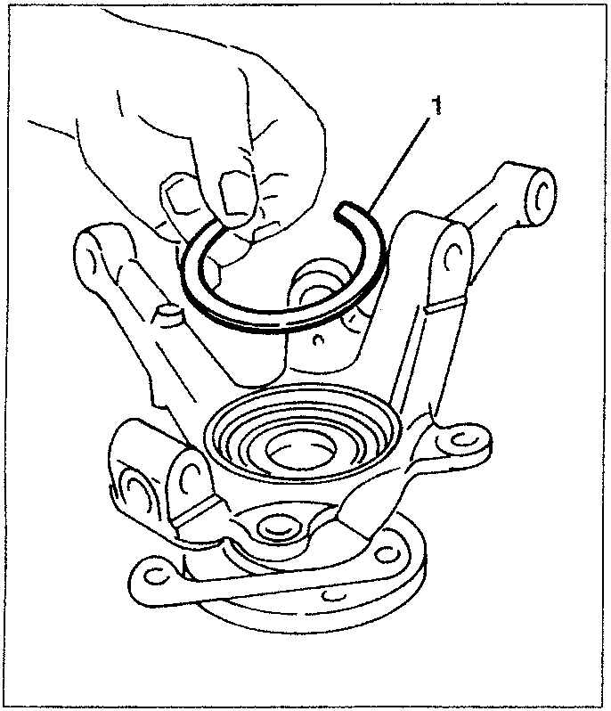 Diagram showing a hand placing a flexible bearing retainer ring (1) onto a wheel upright component.