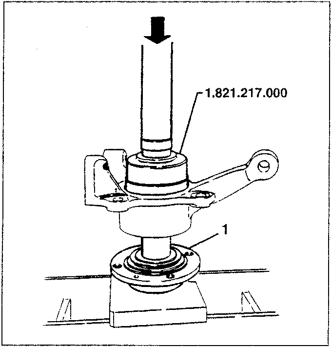 Diagram showing a hub (1) being inserted into a wheel upright using installing tool 1.821.217.000.