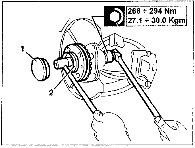 Diagram showing removal of rear wheel hub with tools and torque specification box