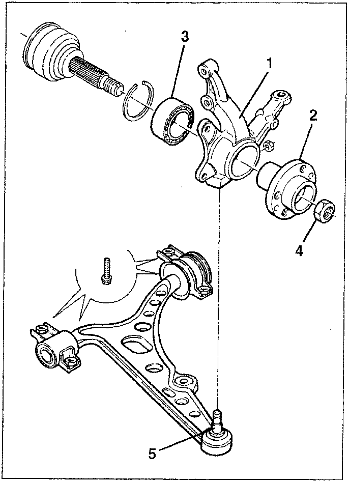 Exploded view of the steering knuckle assembly showing parts 1, 2, 3, 4, and 5. Part 1 is the steering knuckle, part 2 is the track control arm, part 3 is the ball joint, part 4 is the nut, and part 5 is the ball joint mounting bracket.