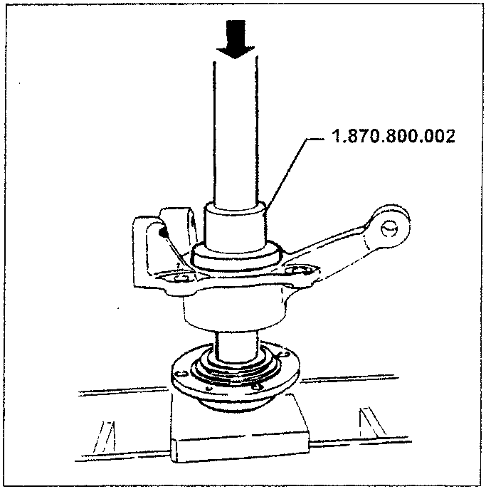 Diagram showing tool 1.870.800.002 pressing hub onto steering knuckle