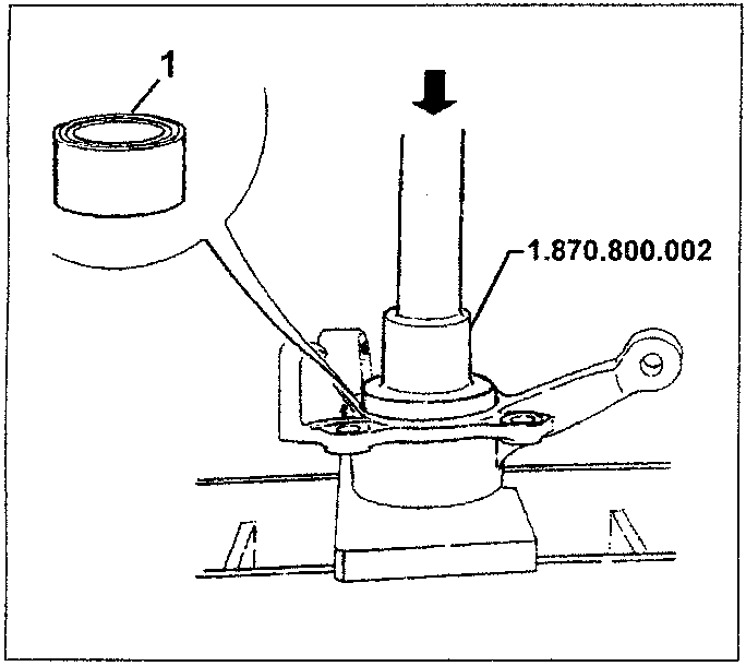Diagram showing tool 1.870.800.002 pressing bearing onto steering knuckle