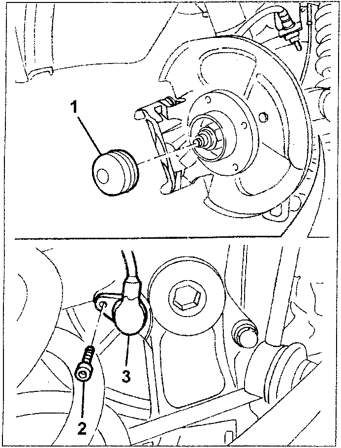 Diagram showing removal of wheel hub components. Top view: a bolt (labeled 1) and a sensor (labeled 3). Bottom view: a nut (labeled 2) and a spacer (labeled 3) attached to the hub assembly.
