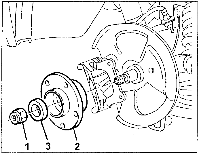 Diagram showing disassembled wheel hub components. Part 1 is a bearing, part 2 is a hub flange, and part 3 is a spacer.