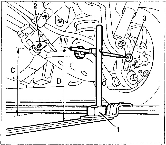 Rear wheel alignment diagram showing reference tool, surface gauge measuring distances C and D