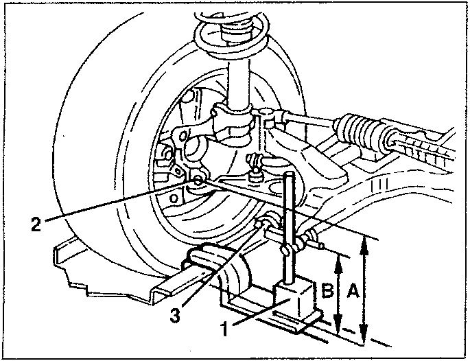 Front wheel alignment diagram showing reference tool, surface gauge measuring distances A and B
