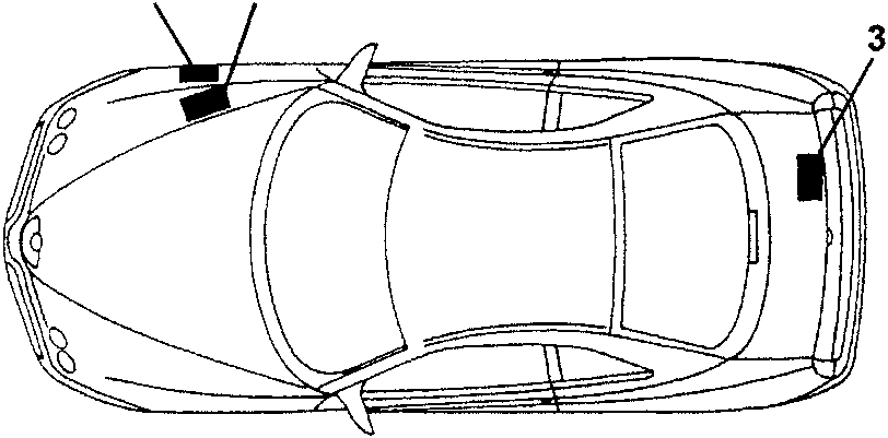 Top view of the car showing identification plate locations 1, 2 and 3