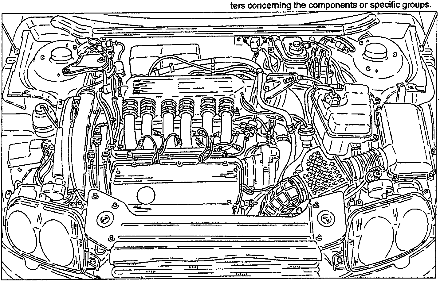 Engine compartment diagram showing various components including intake manifold, radiator, and engine block.