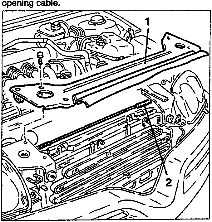 Diagram showing the front of the engine bay with the bonnet lock opening cable disconnected and moved aside.